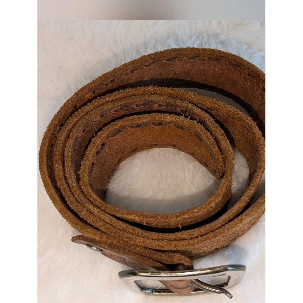 True Religion Brown Suede Leather Belt with Silver Buckle Think Stitch